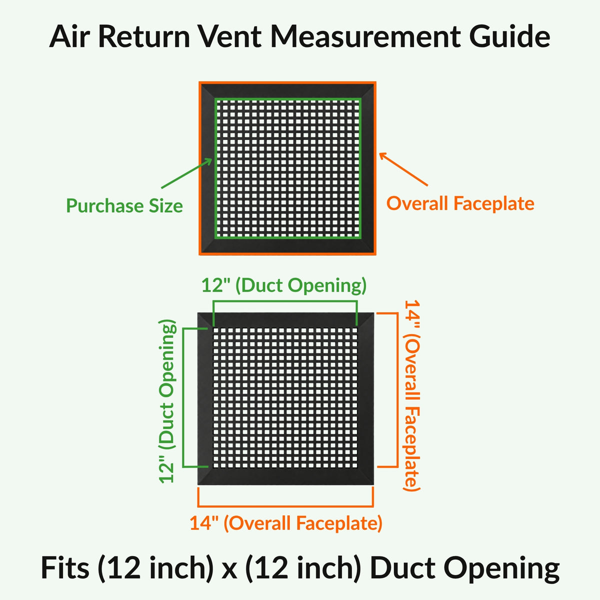 Mosaic 12x12 air vent purchase guide showing purchase size having duct opening 12x12, and overall faceplate 14x14