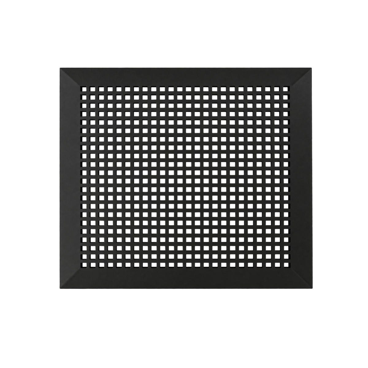 Mosaic 14x14 powder coated black air return vent cover with tapered edge, gravity drop installations for floor mounting