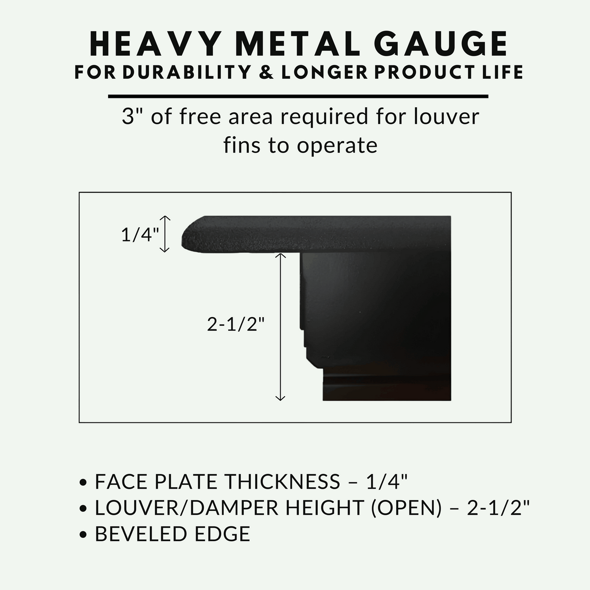 Mosaic Air supply vent cover, heavy metal gauge for durability, 1/4 face plate, 2-1/2 louver/damper height, beveled edge