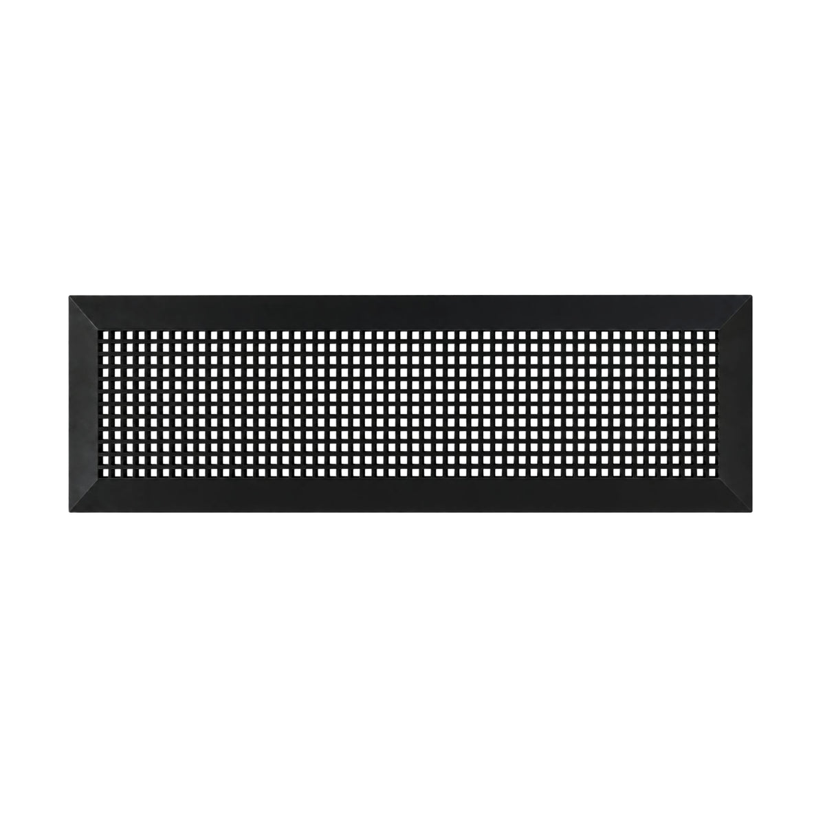 Powder coated matte black 8 inch by 30 inch return air vent cover in heavy cast aluminum, lattice pattern