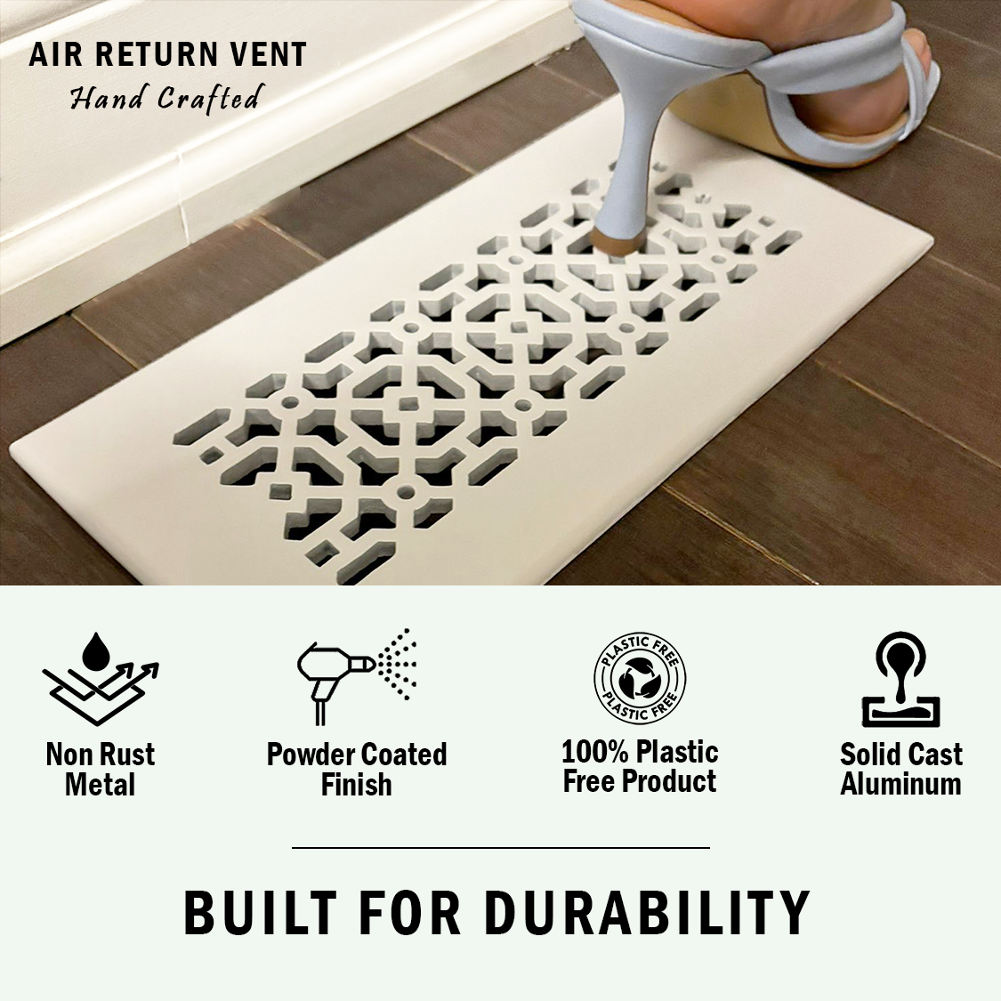 White solid cast aluminum air return vent, heavy gauge metal, walkable, decorative patent pattern