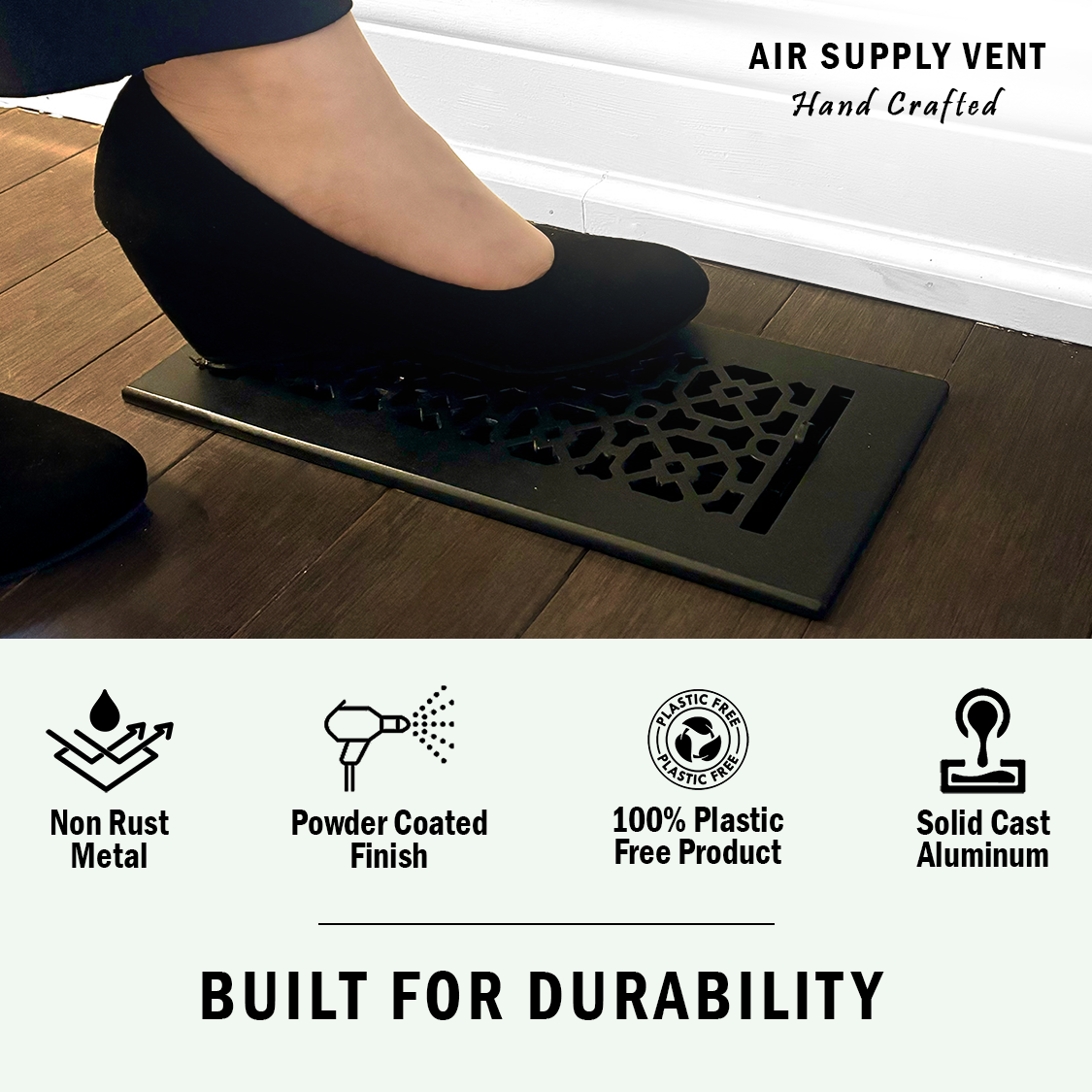 Black solid cast aluminum air supply vent, heavy gauge metal, walkable, decorative patent pattern