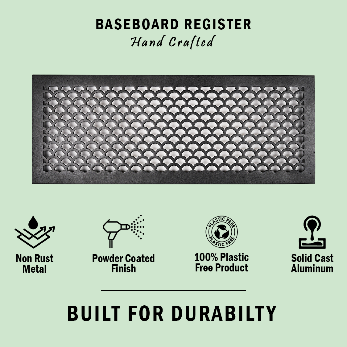 Scallop BASEBOARD 6"x10" Duct opening Solid Cast Aluminum Grill Vent Cover | Powder Coated