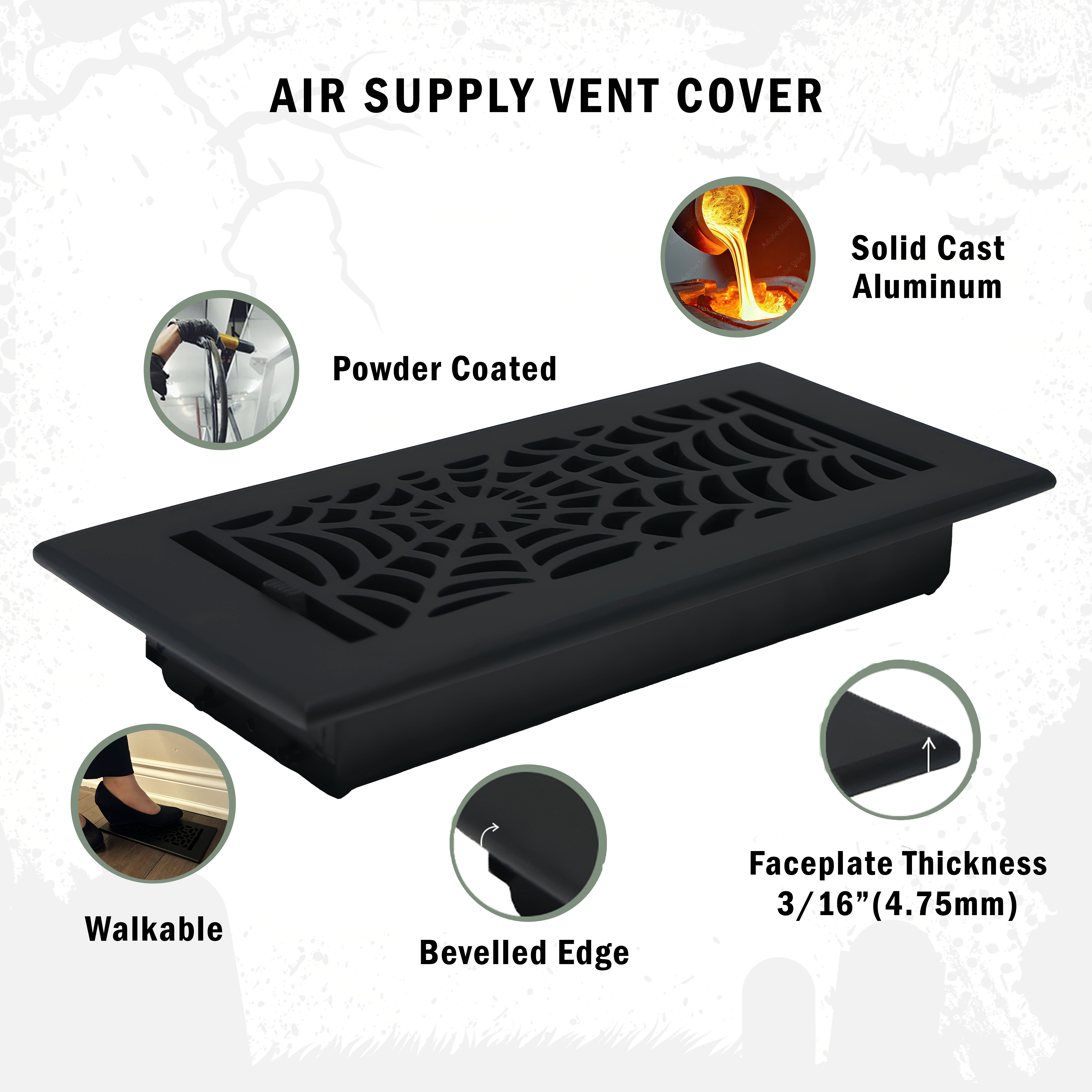 Spooky Gothic 8"x14" Solid Cast Aluminum louvered Air Supply | Powder Coated