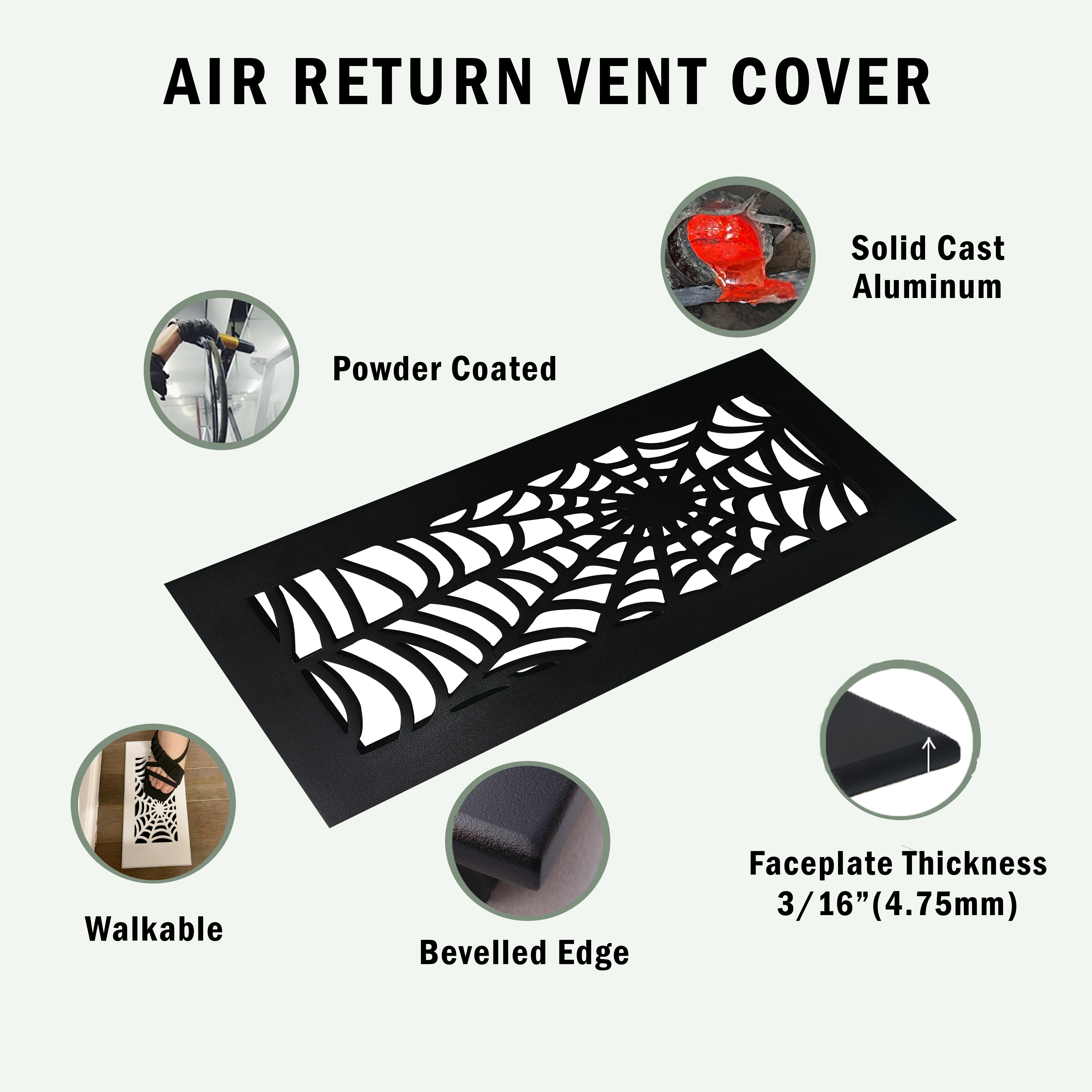 SPIDER WEB Air Return 12"x14" Duct Opening Gothic| Heavy Cast Aluminum Cover Grill (14"x16" Overall) | Powder Coated